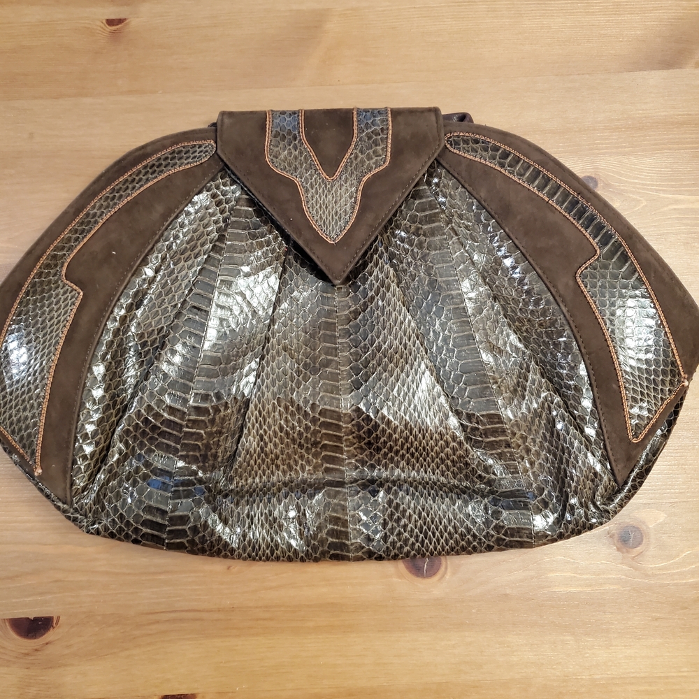 Elegant Brown Suede and Snakeskin Clutch